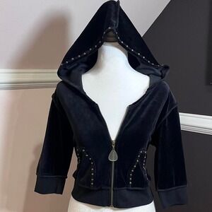 y2k black velour cropped gold studded zip up jacket large